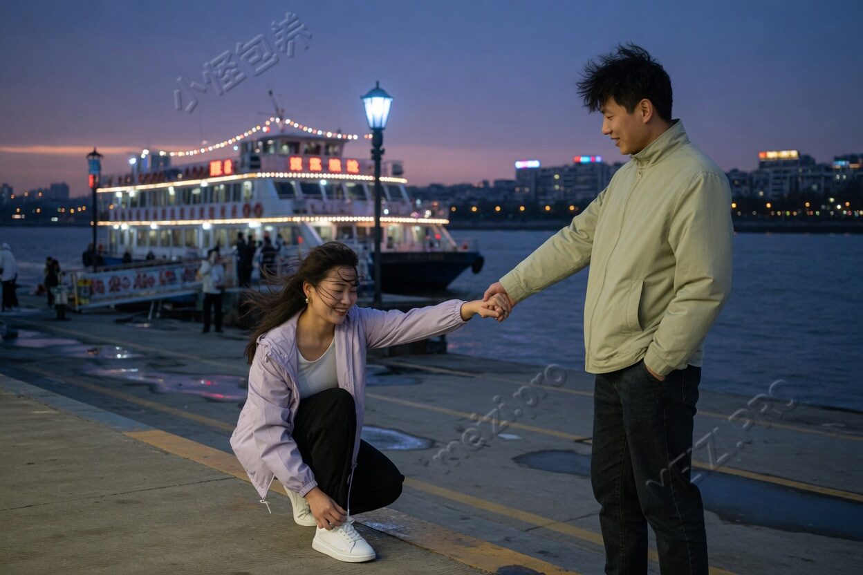 码头黄昏,她系鞋带,他仍牵着另一只手
