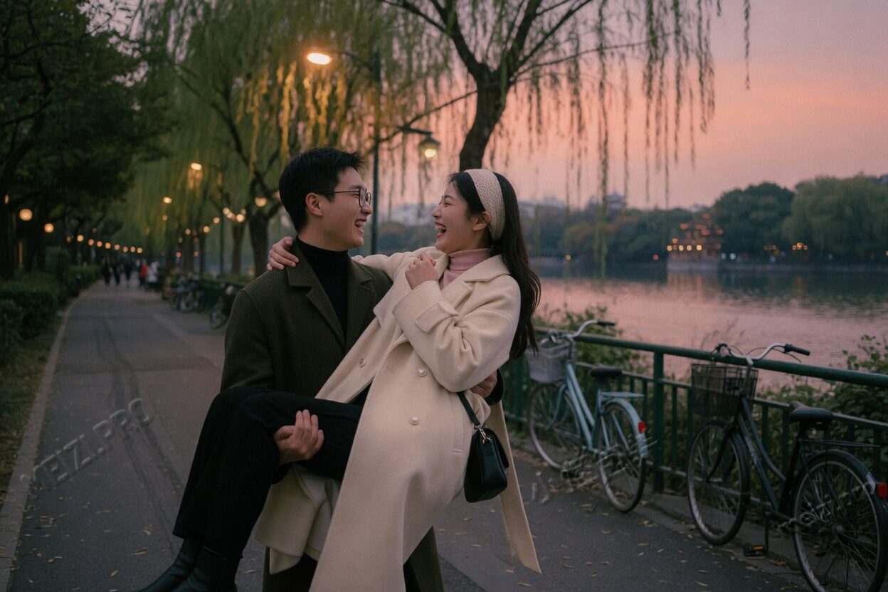 湖边黄昏，公主抱着走了几步