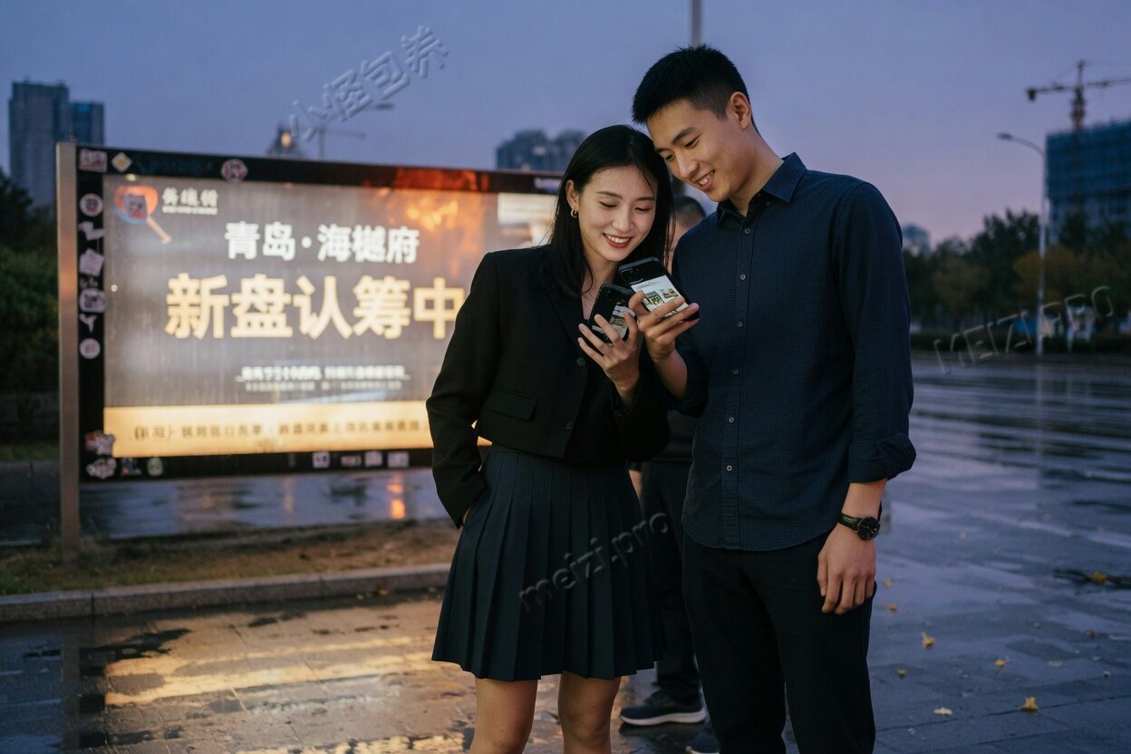暮色里,两个人在售楼处灯箱外看同一部手机