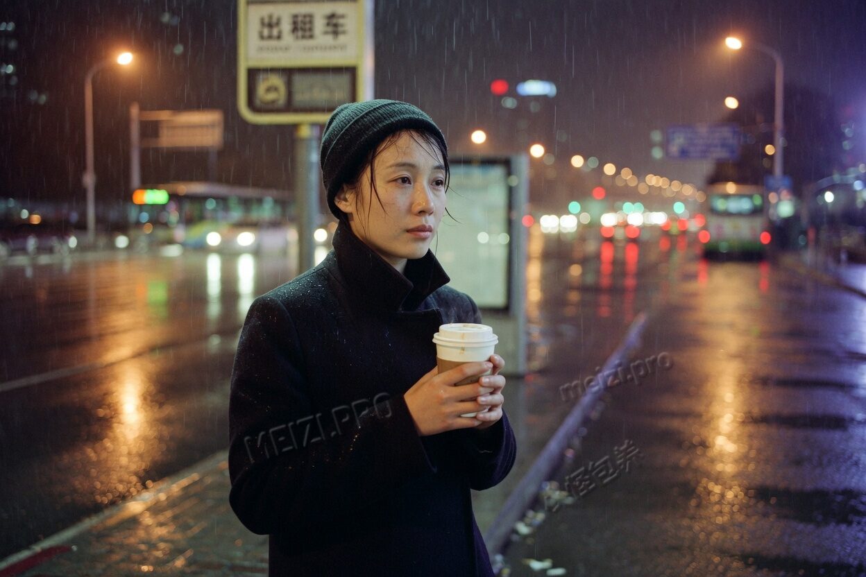 雨夜的路边,她双手捧着杯子站着