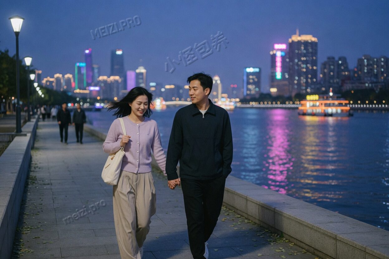 江边夜里牵手散步