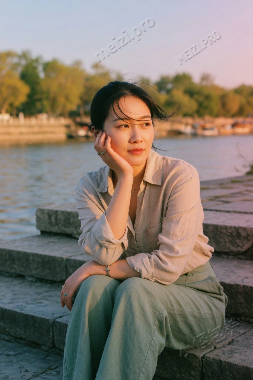 江边石阶上,女生托着下巴看向远处