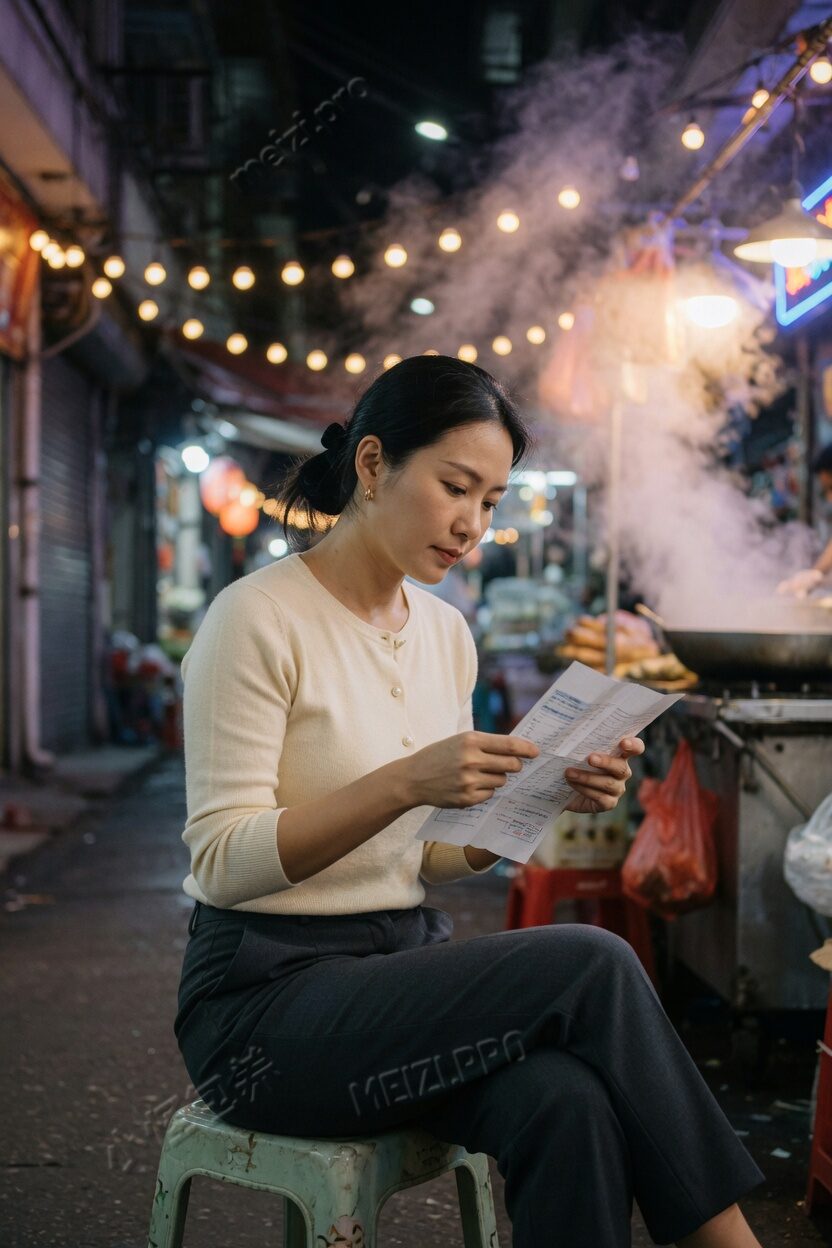 夜市小巷里低头看收据的女生写真，85mm胶片
