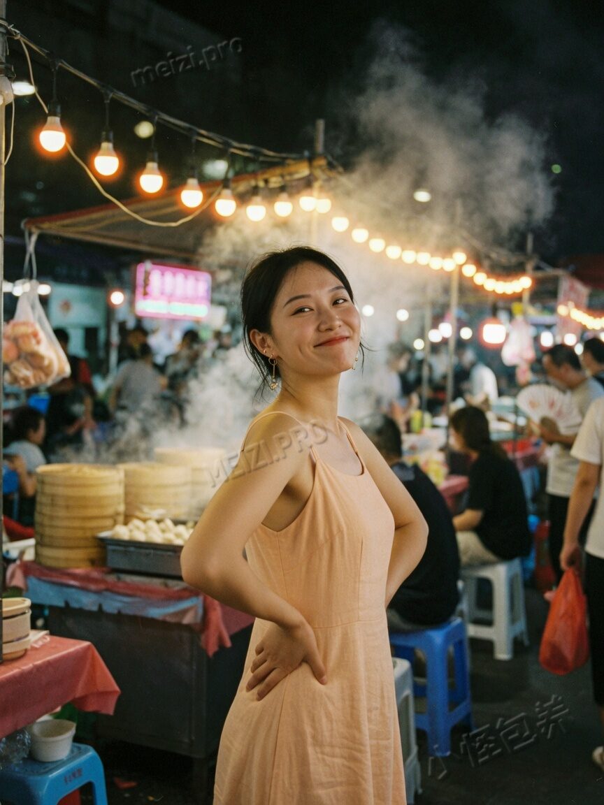 夜市串灯下,双手插腰站着