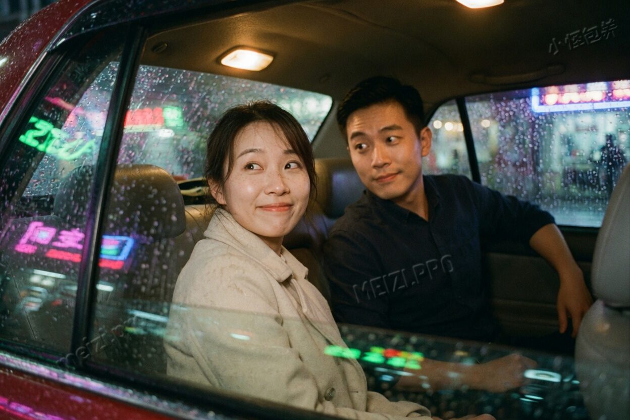 夜雨出租车的后座,她侧过脸看向旁边的人