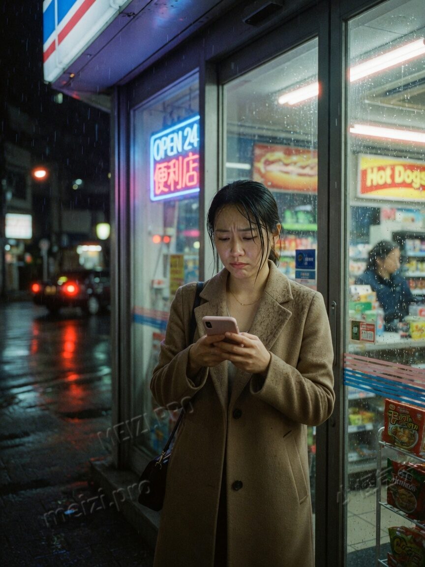 雨夜便利店的玻璃门里,她低头看手机