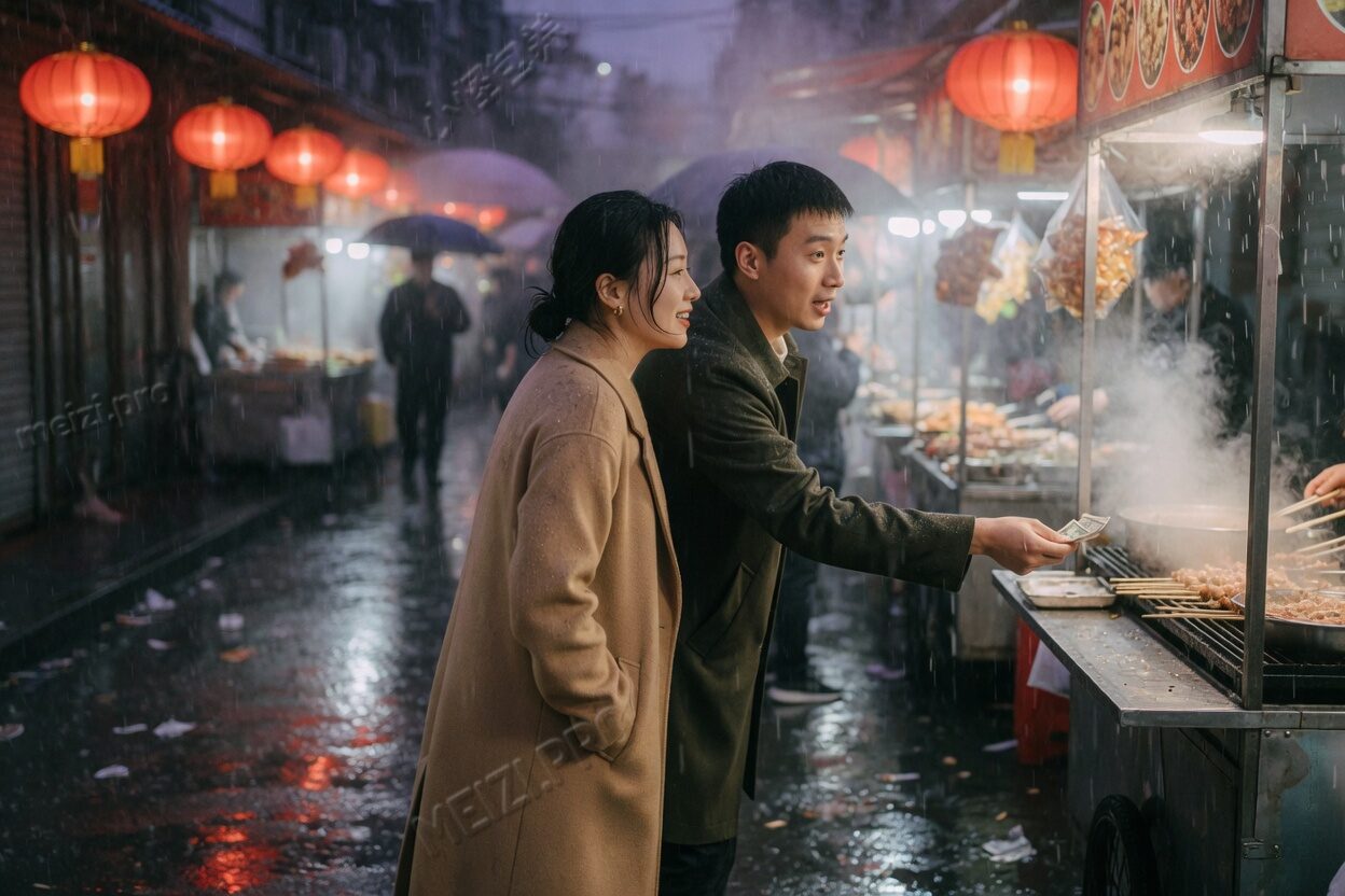 雨夜摊位前,他去付钱,她把手留在口袋里