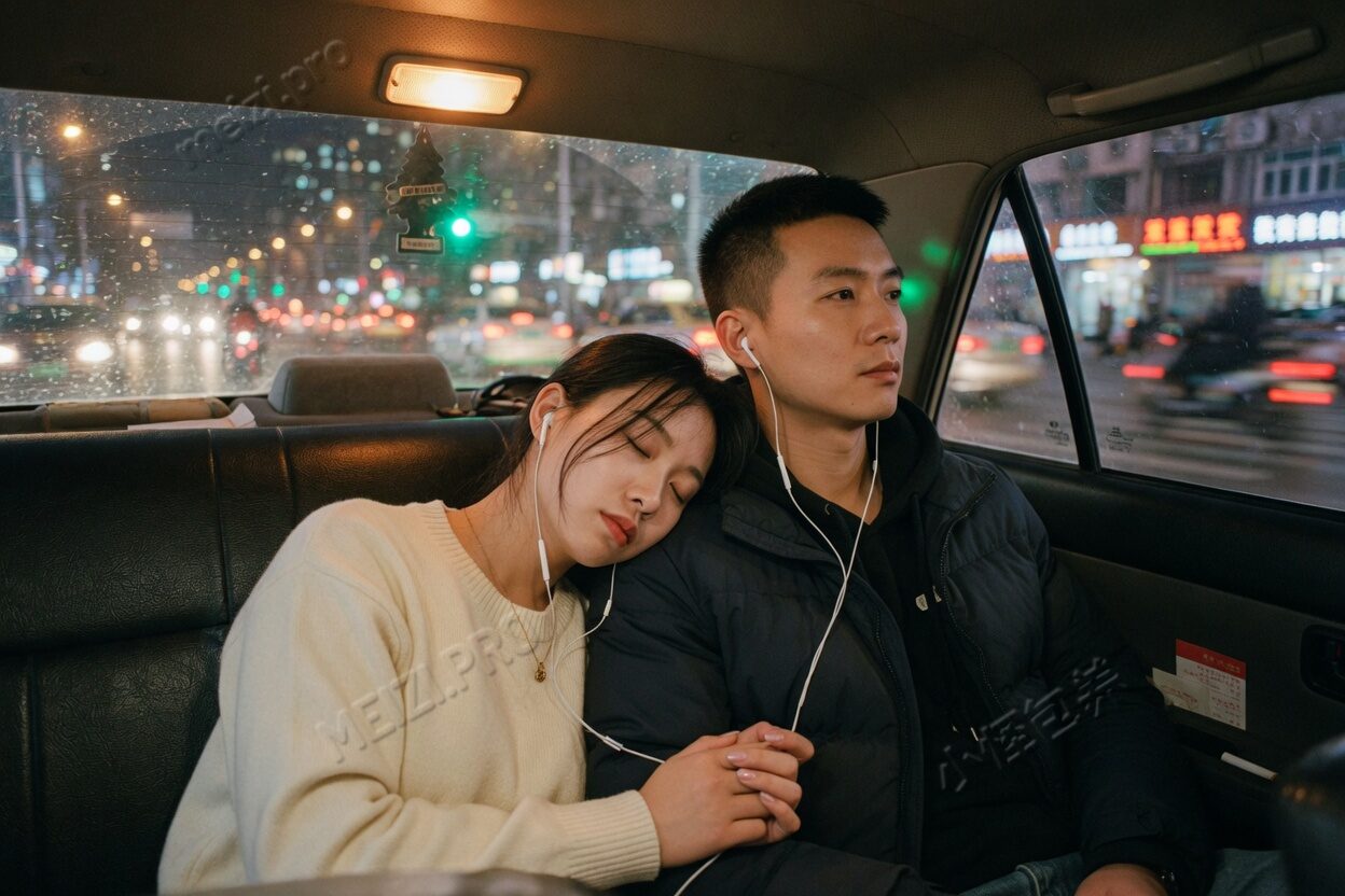 夜里的车后座,她靠在他肩上,两人分着一副耳机