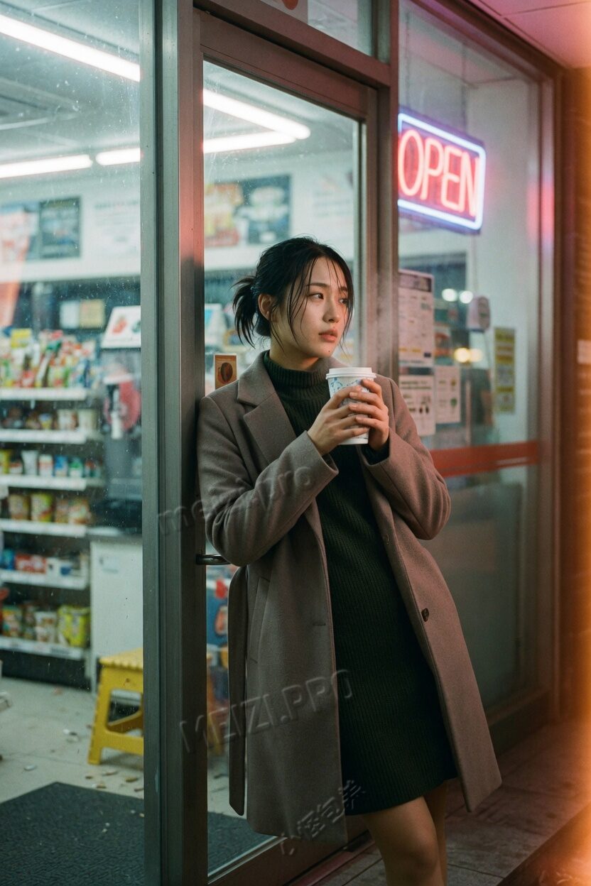 便利店门口,她靠着门框捧着杯子