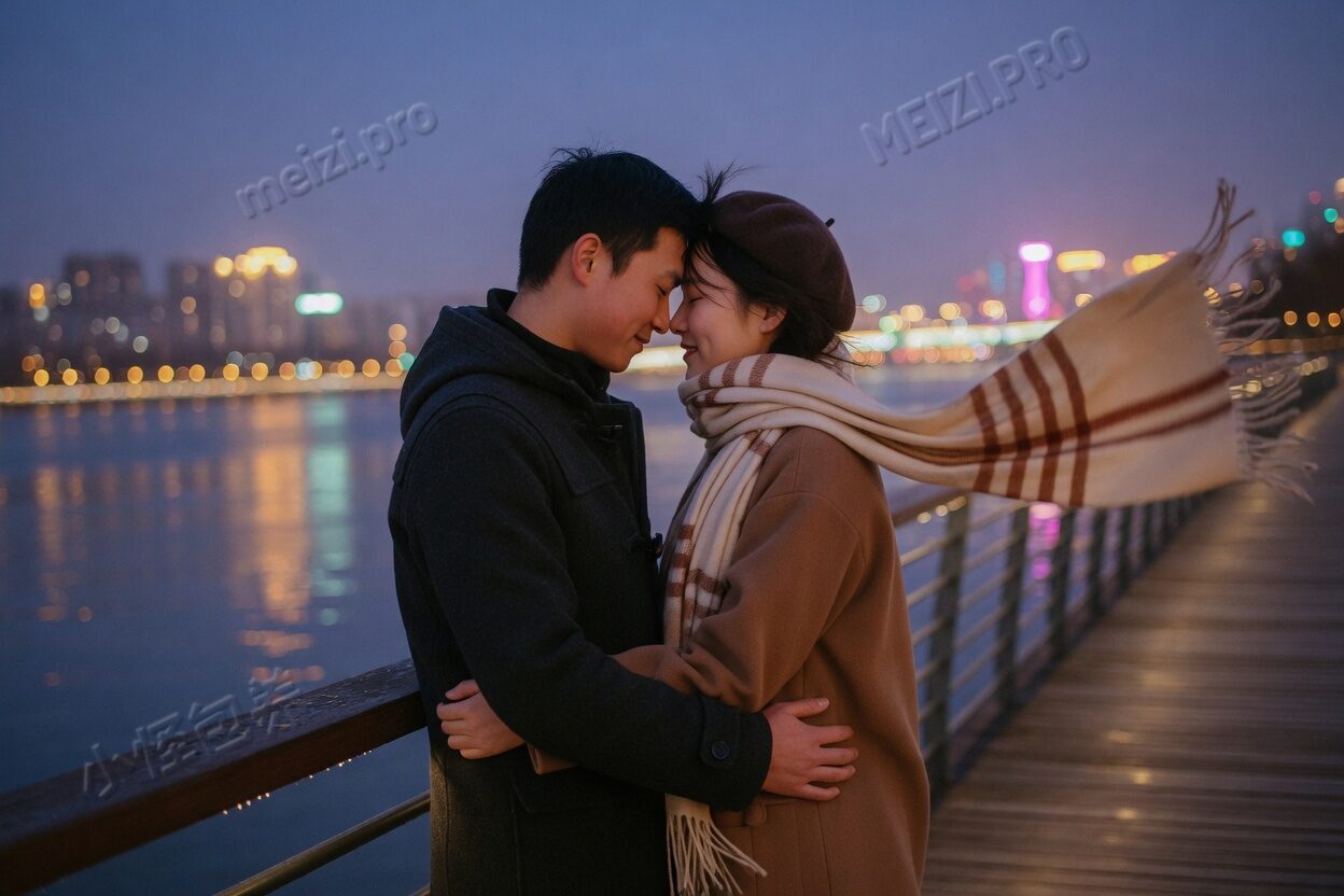 江边，两个人额头抵在一起