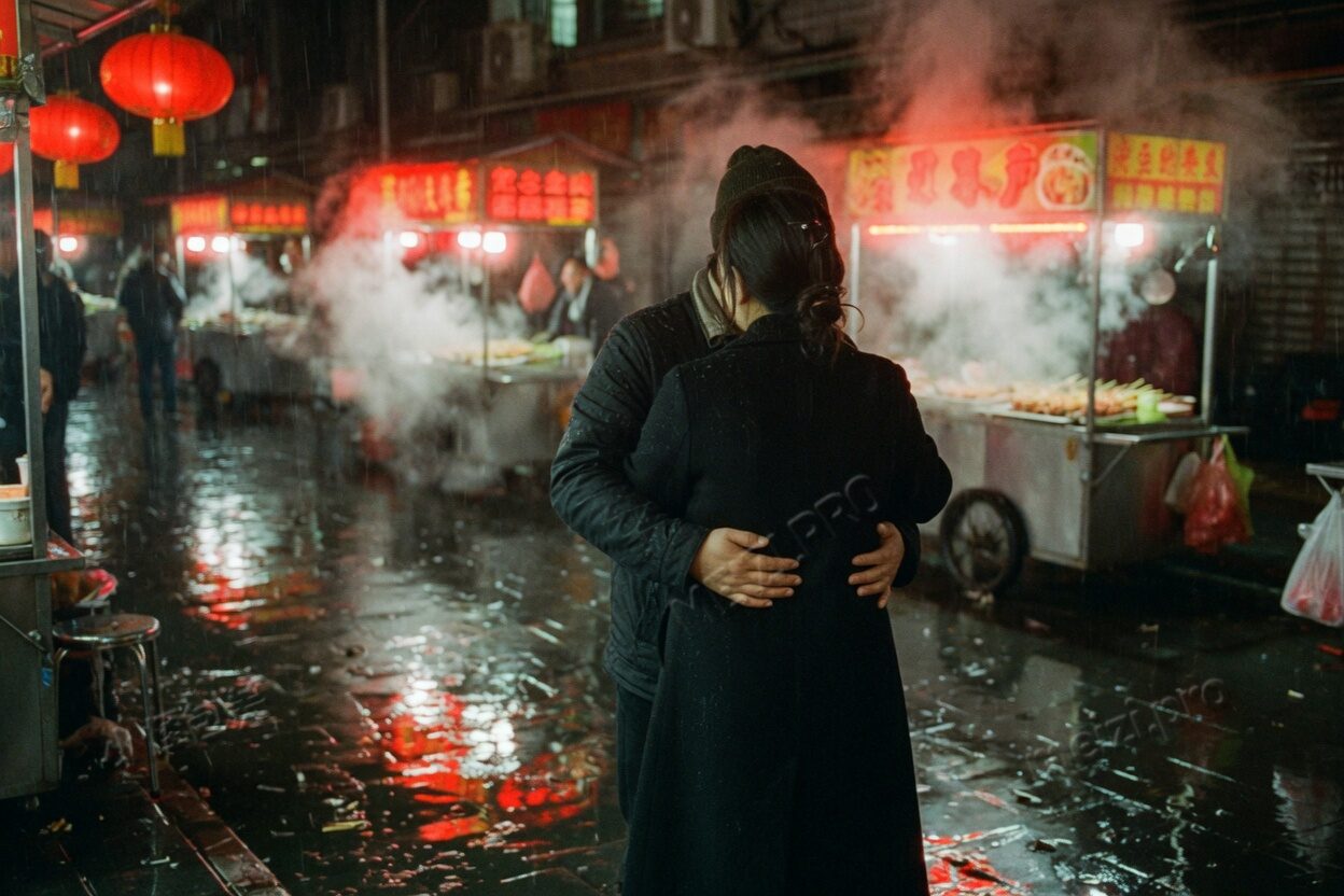 夜市湿路上，他从背后环住她的腰