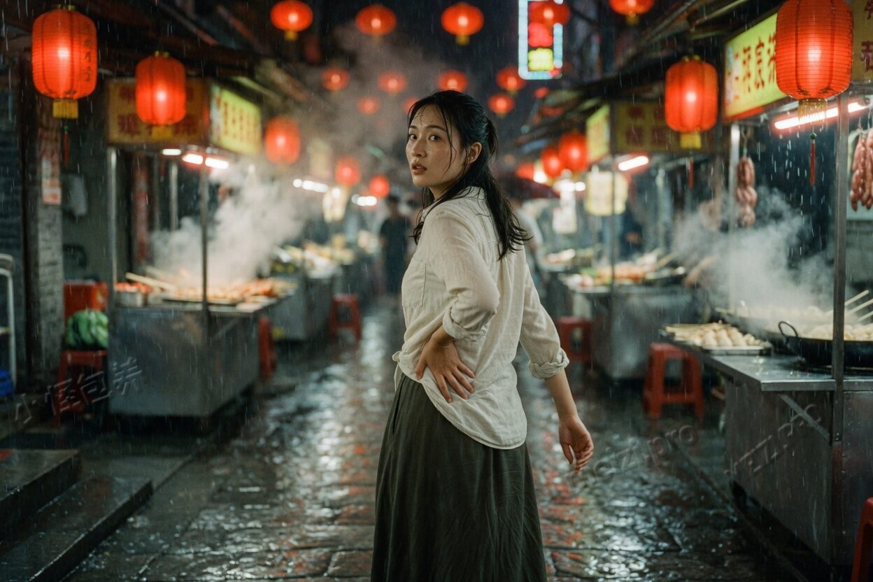 雨夜市集,她回过头,一只手按在腰上