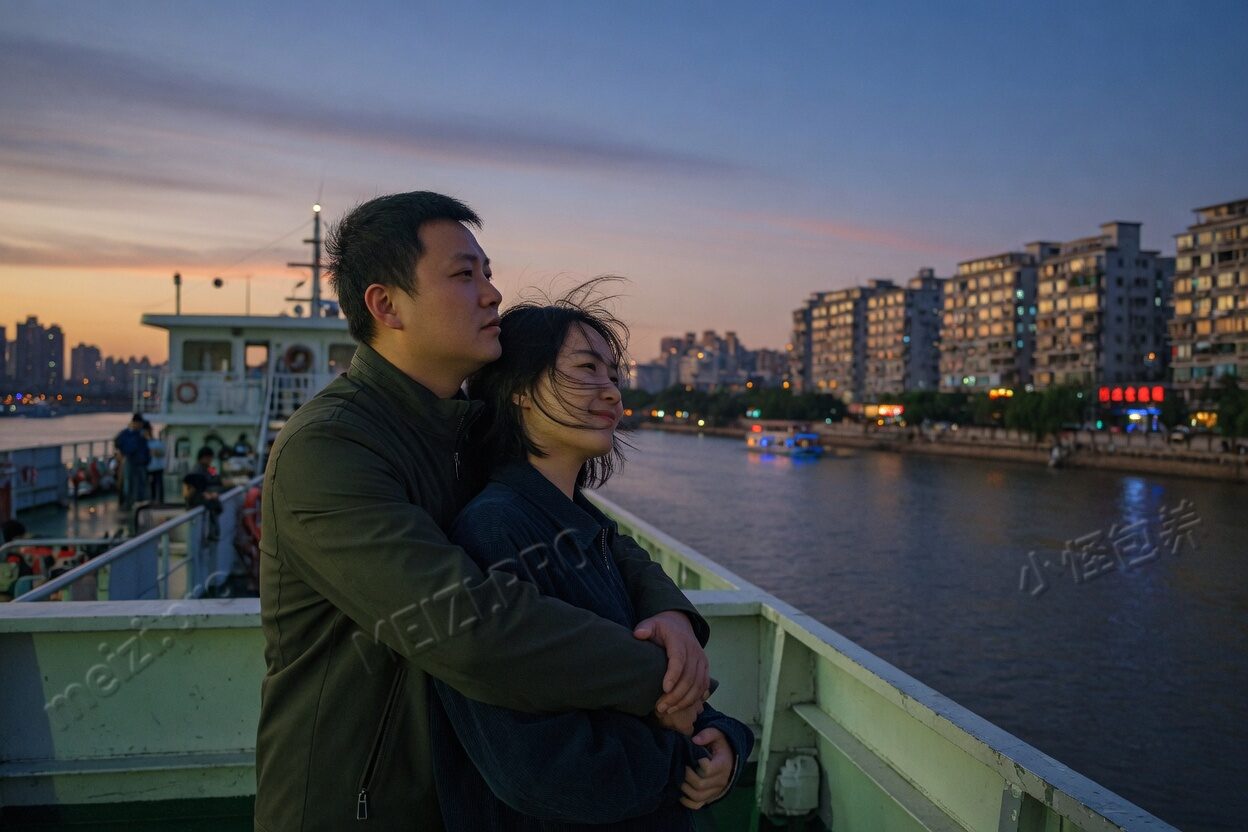 渡轮黄昏,他从背后环住她,两个人看向对岸