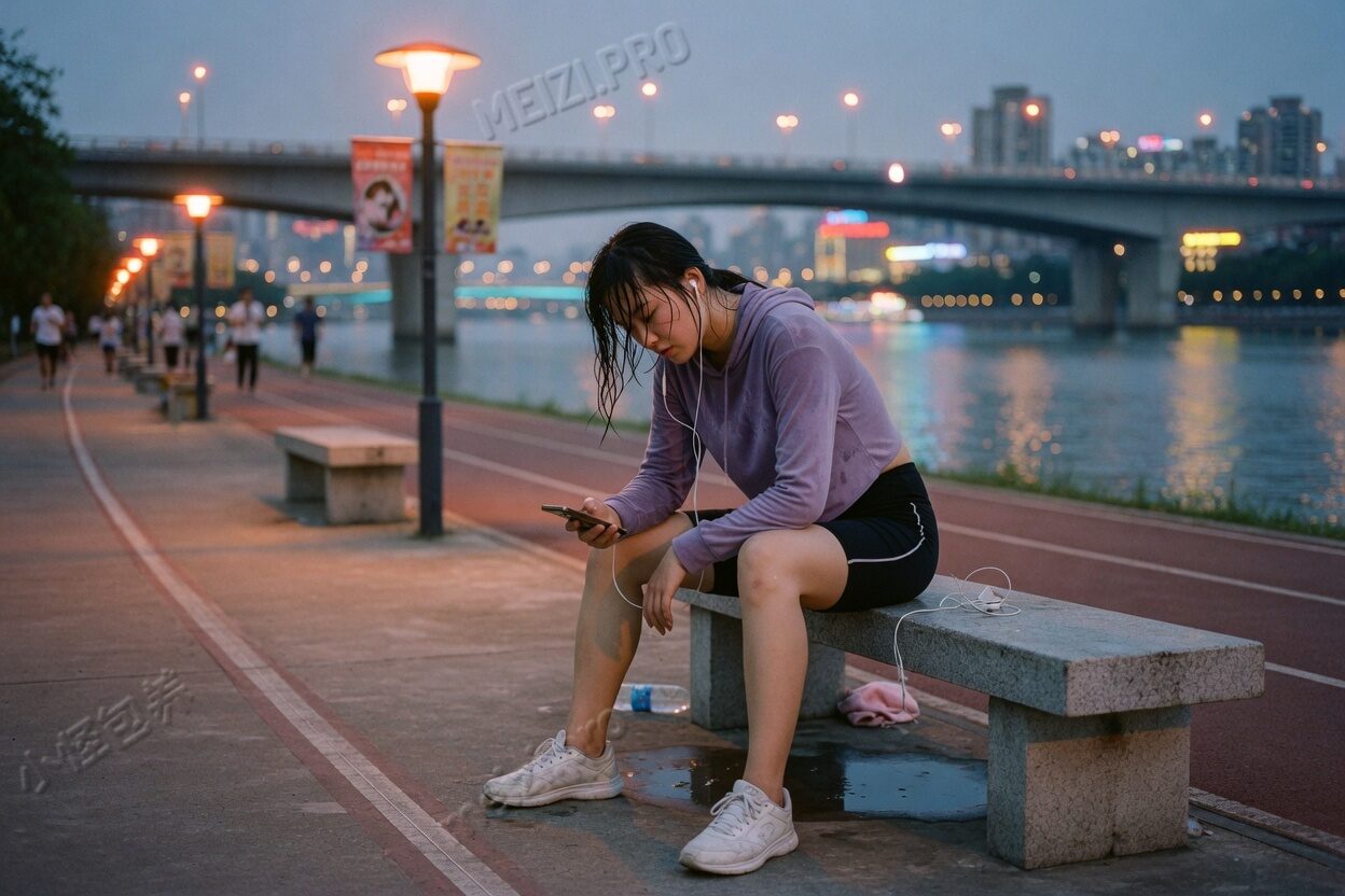 跑道边坐着,耳机摘下来放在凳上