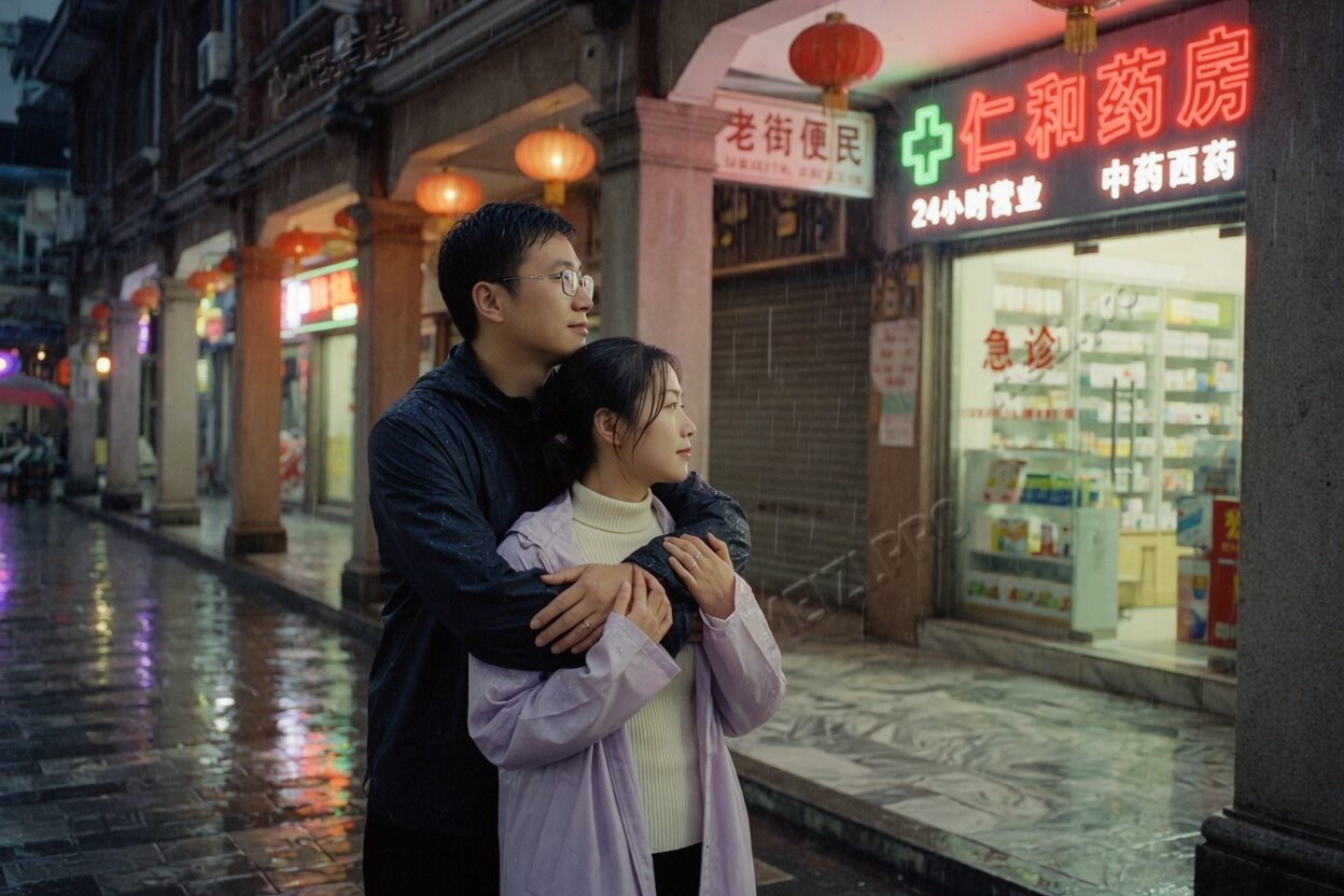 雨后骑楼,背后抱着