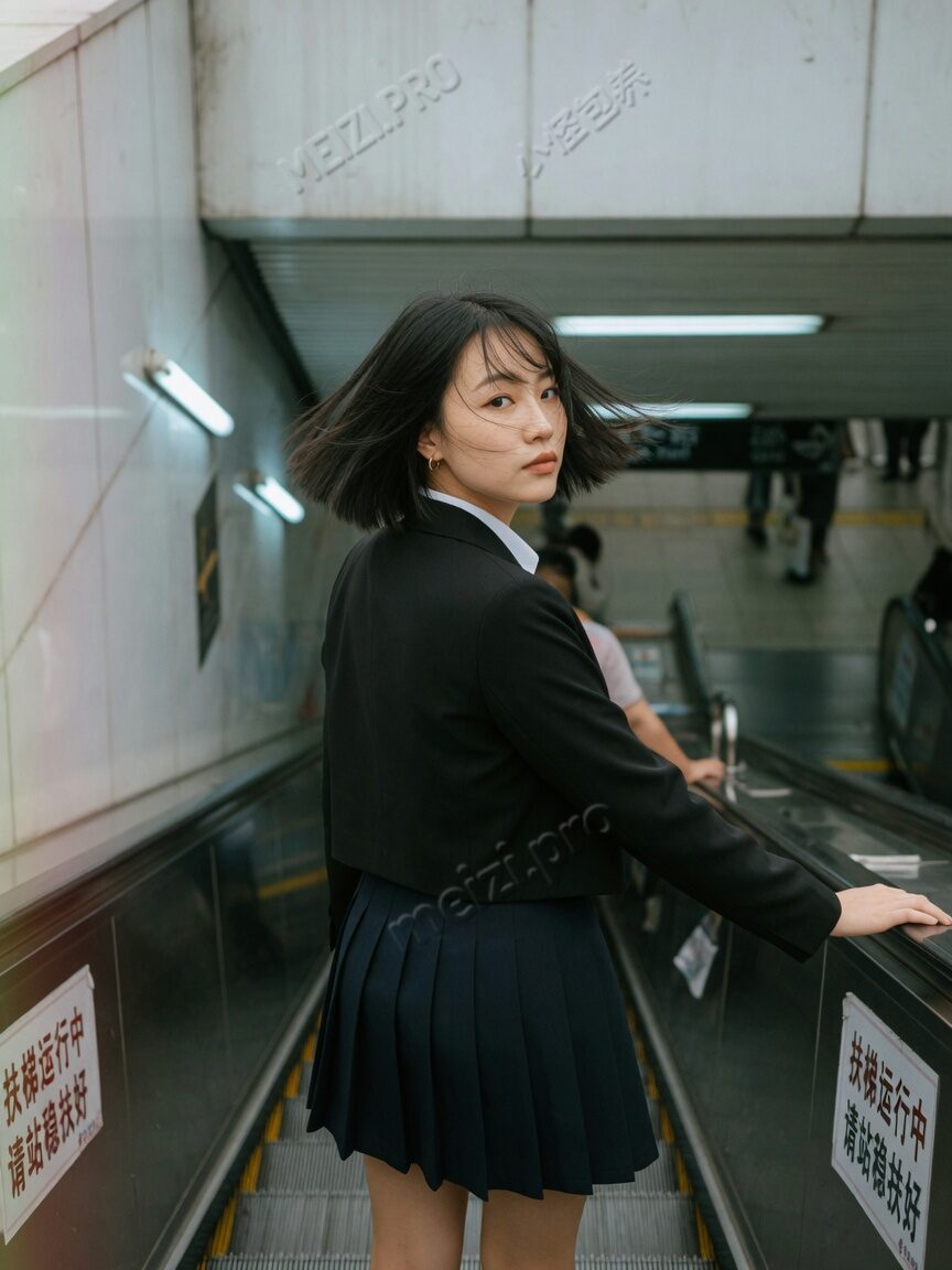 地铁口扶梯上回头的职场女生