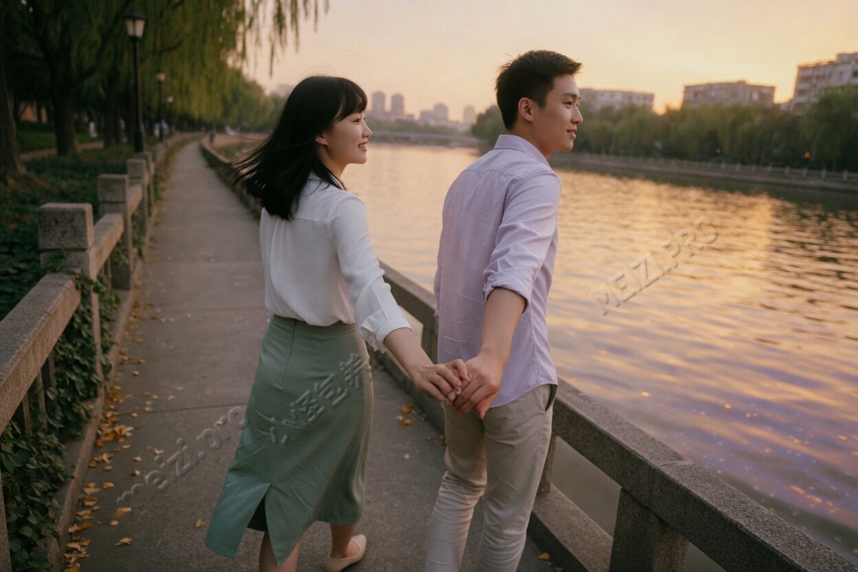 江边黄昏,两个人牵着手走