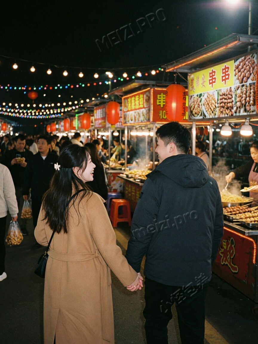 情侣夜市牵手走路