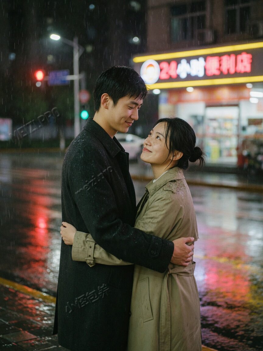 雨夜马路,背后环抱