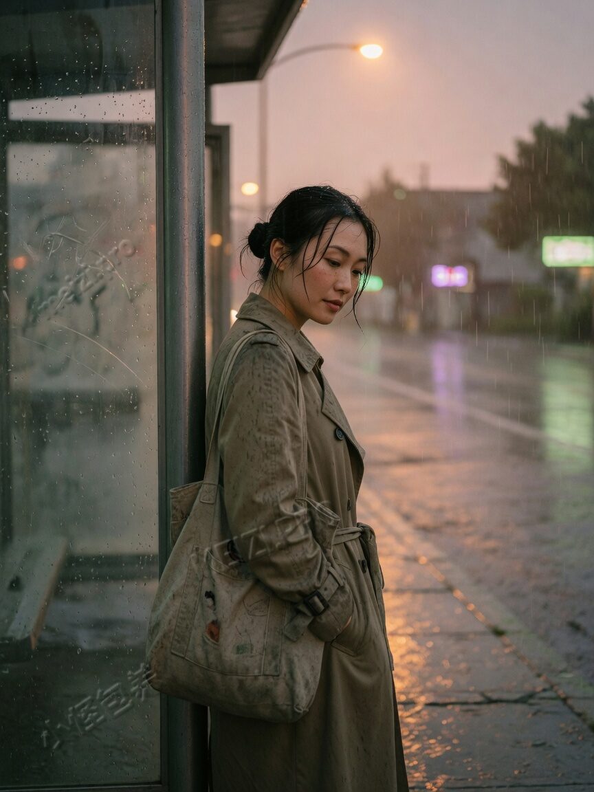 雨里独自站在站牌下的女生