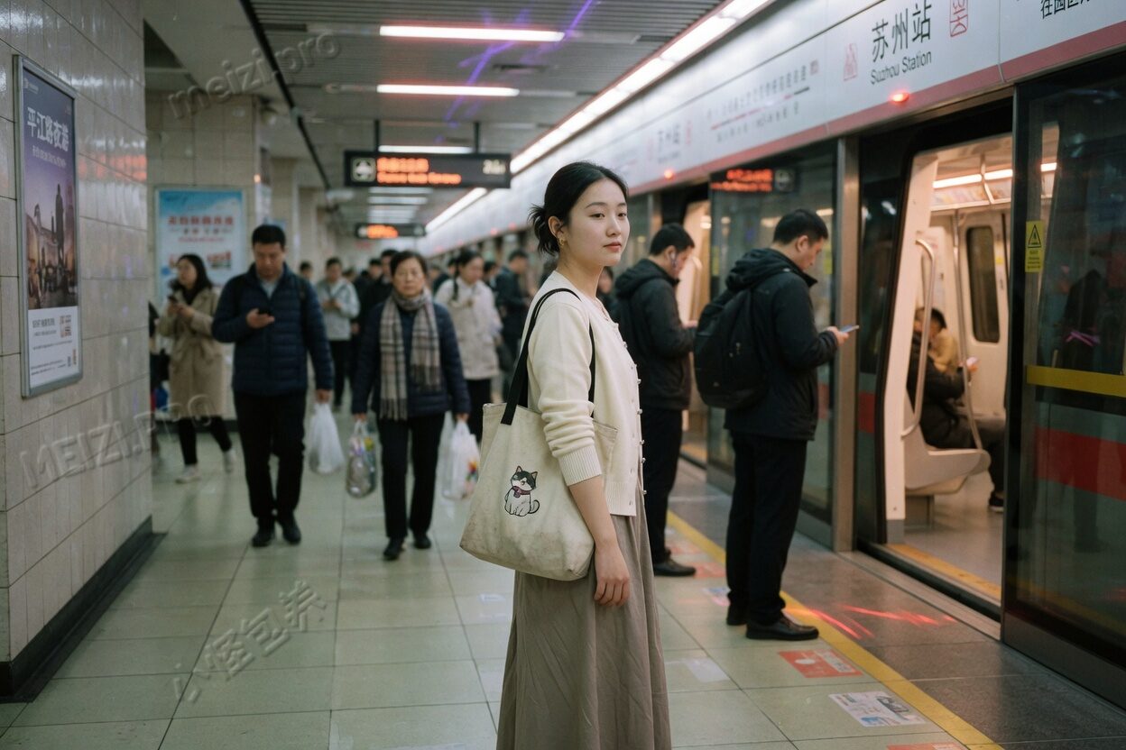 地铁站台上,女生侧身回眸,帆布袋挎在肩上