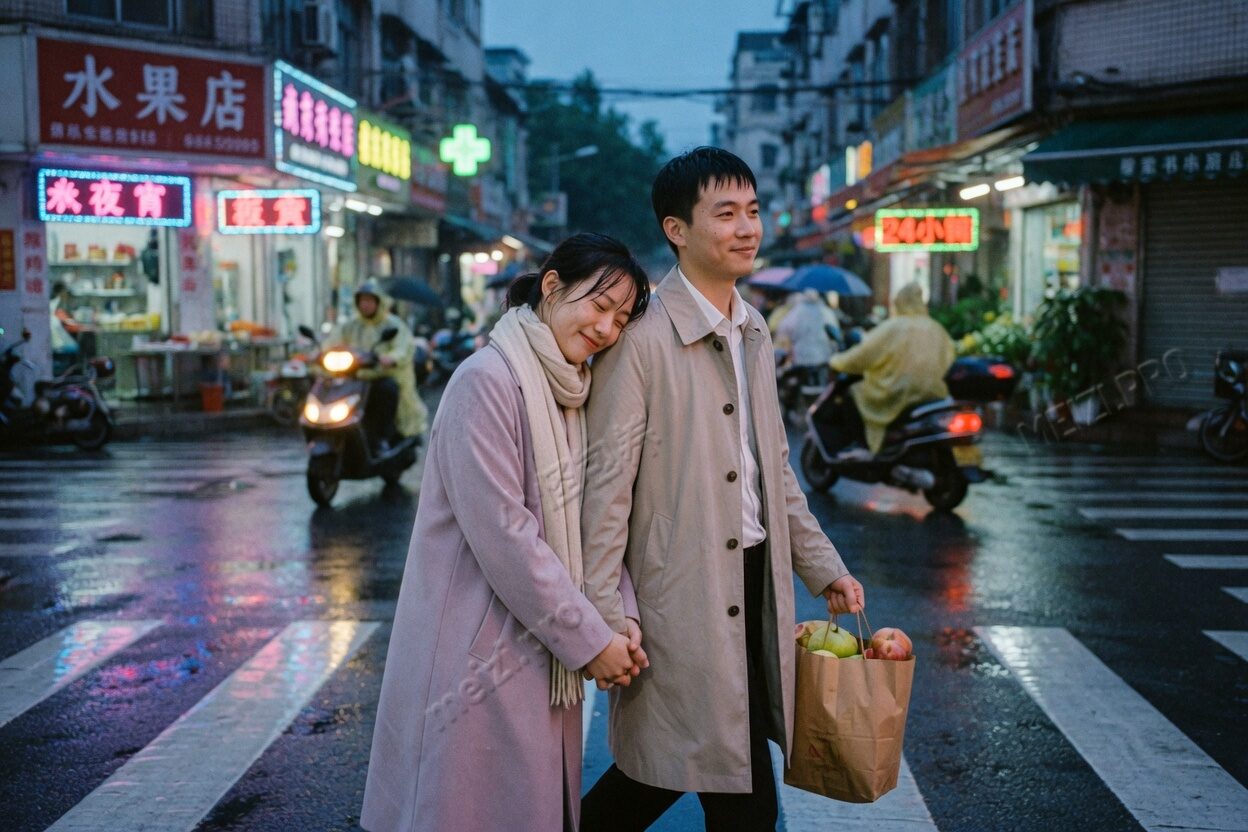 雨后的街口,两人牵手过马路,她把头靠在他肩上