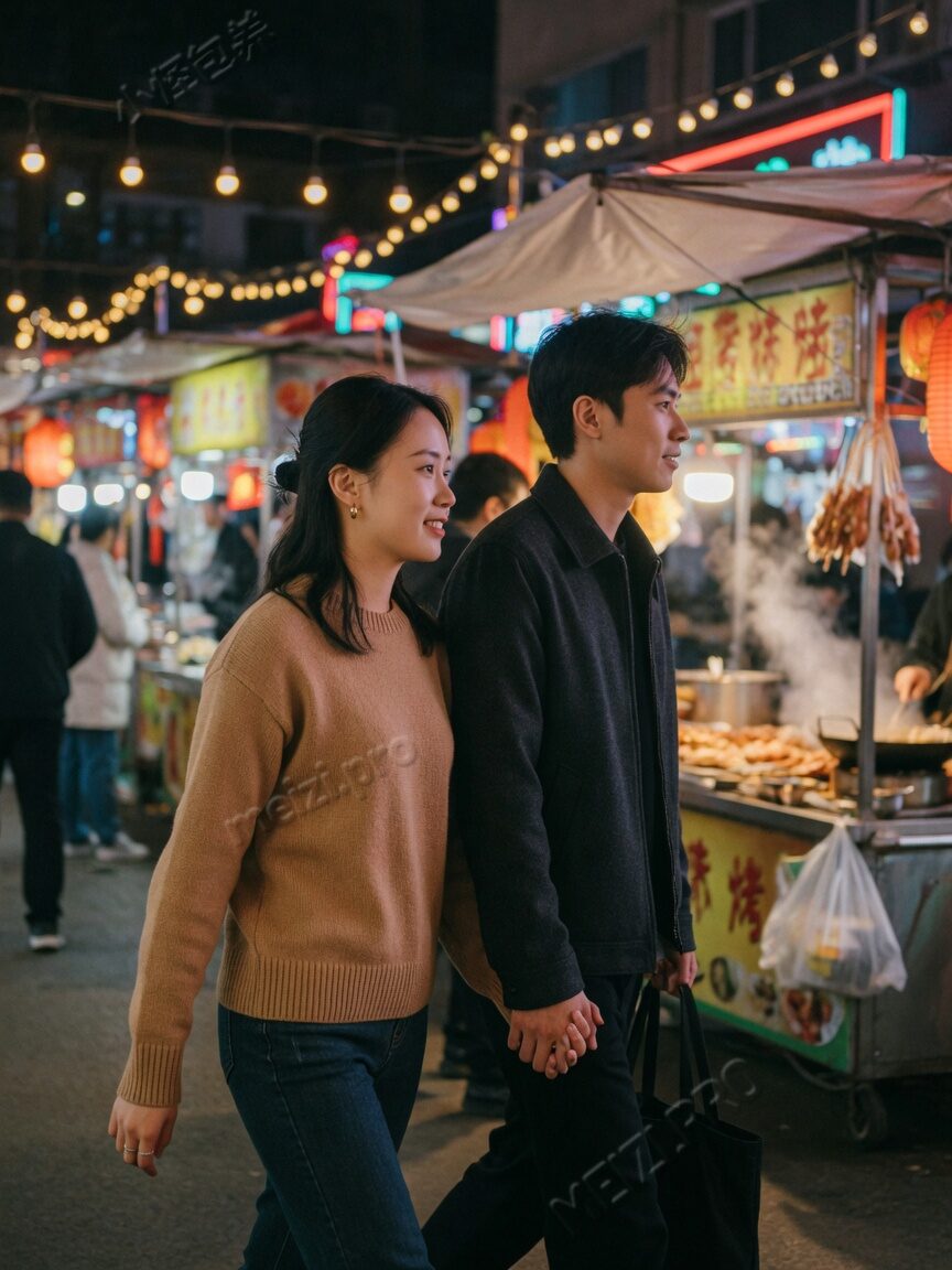 夜市街头,情侣牵手走路