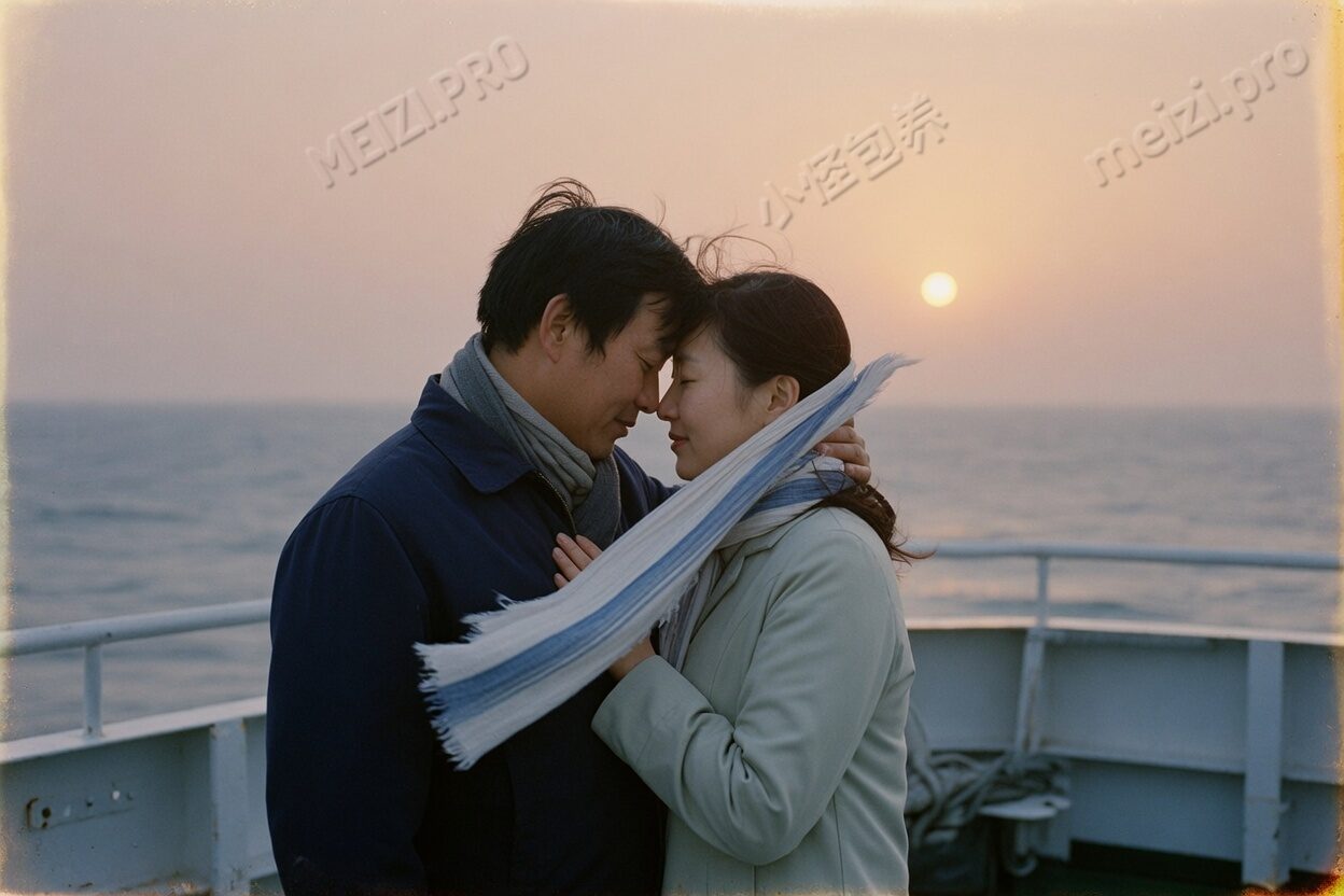 渡轮甲板黄昏,两人额头相抵,85mm胶片
