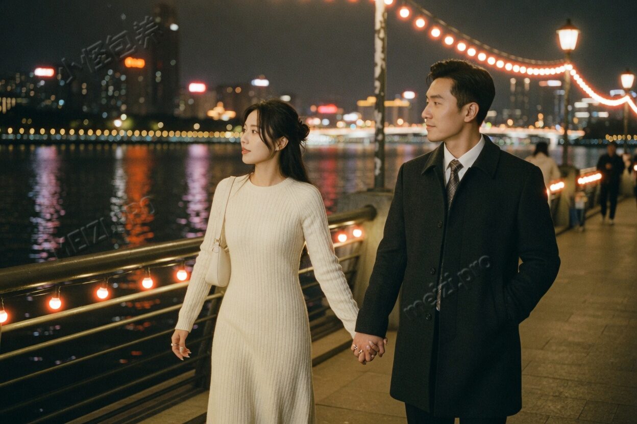 夜市灯下,女生走路时回眸