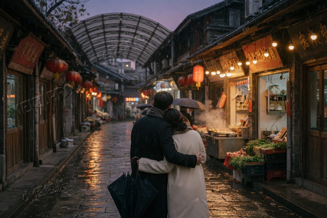 雨夜老街上,他从背后环着她