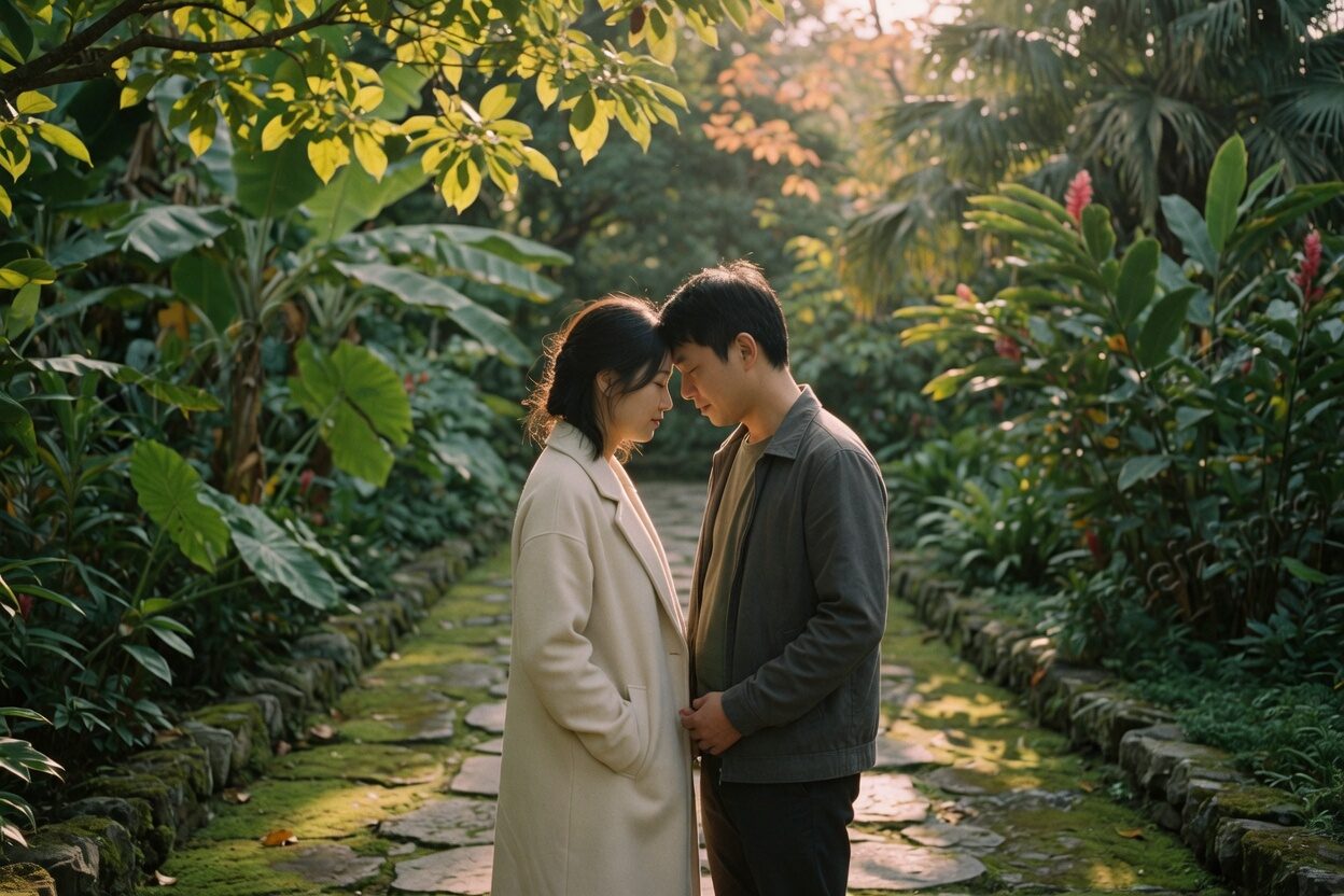 植物园石径午后,两人额头相抵