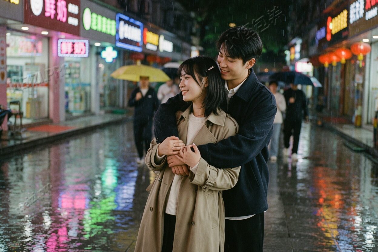 夜间站台,手扶行李箱侧身看向镜头