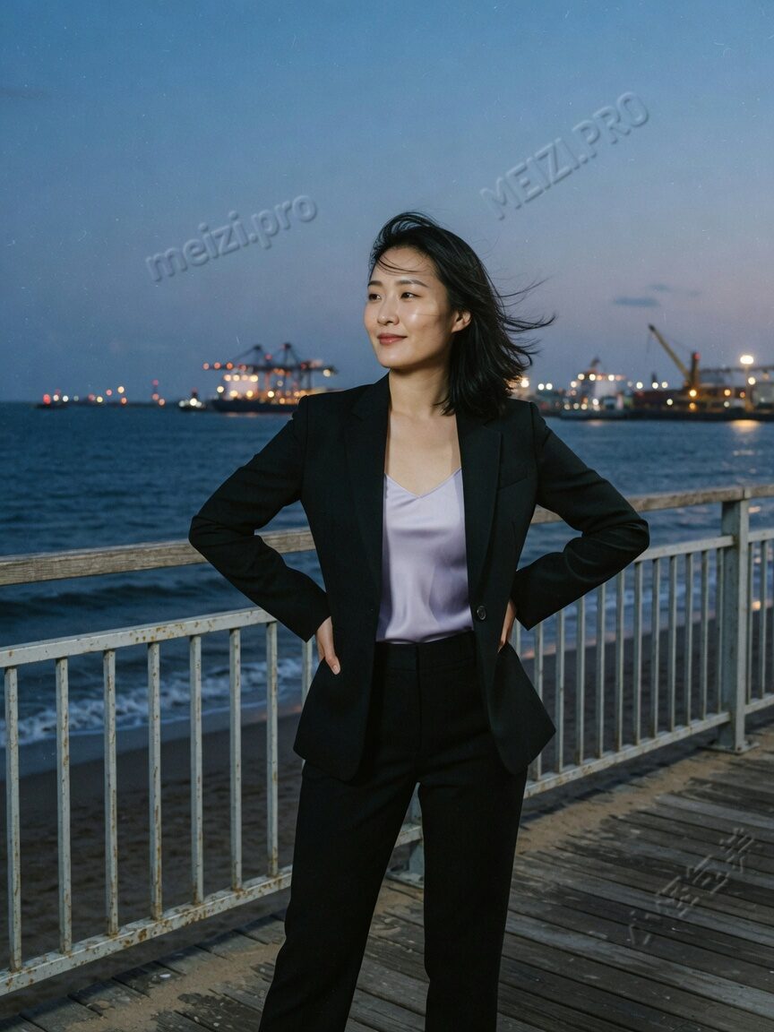 海边栈道上插着腰,风把头发吹起来