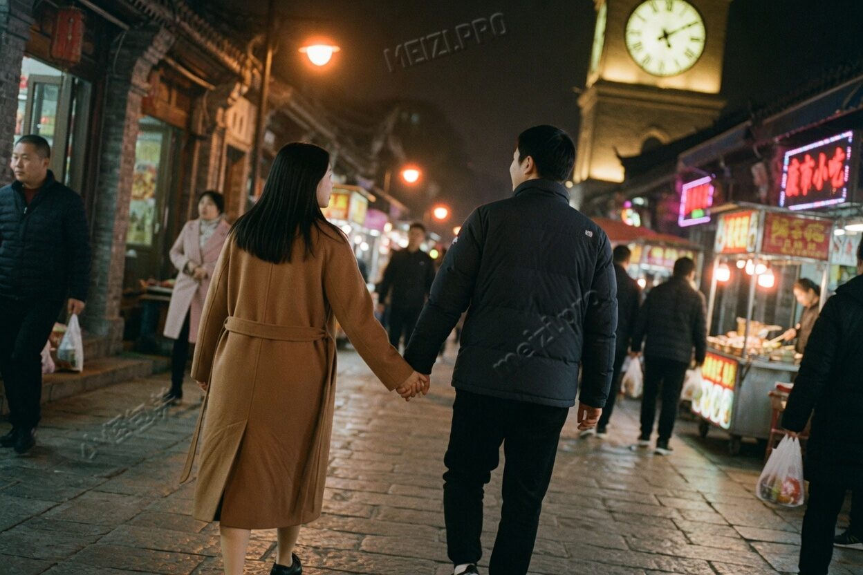 钟楼夜市边缘,两个人背面牵手走