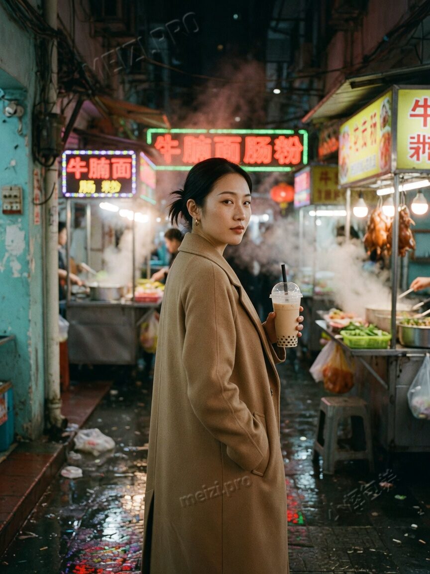 广州夜巷，女生风衣插兜，回头看镜头