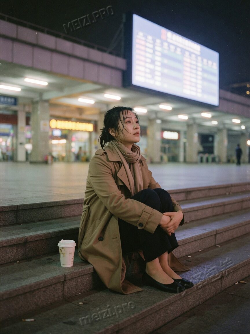 高铁站台阶上,她抱膝等一趟还没买的回程