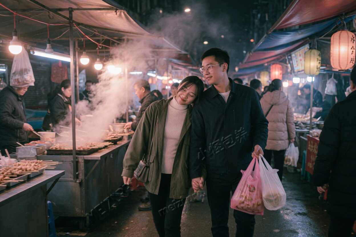 夜市蒸汽里，两人牵手，她的头靠上他的肩