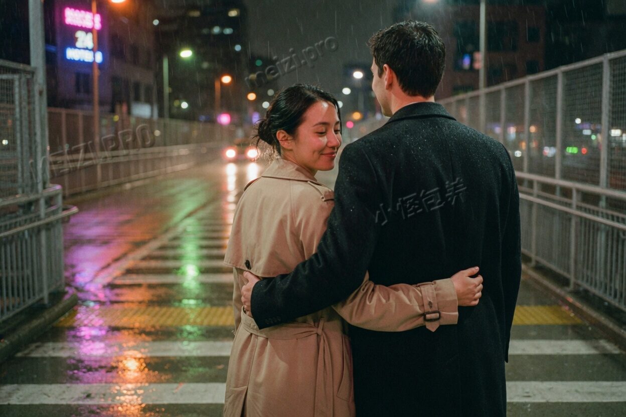 雨夜天桥背后环抱