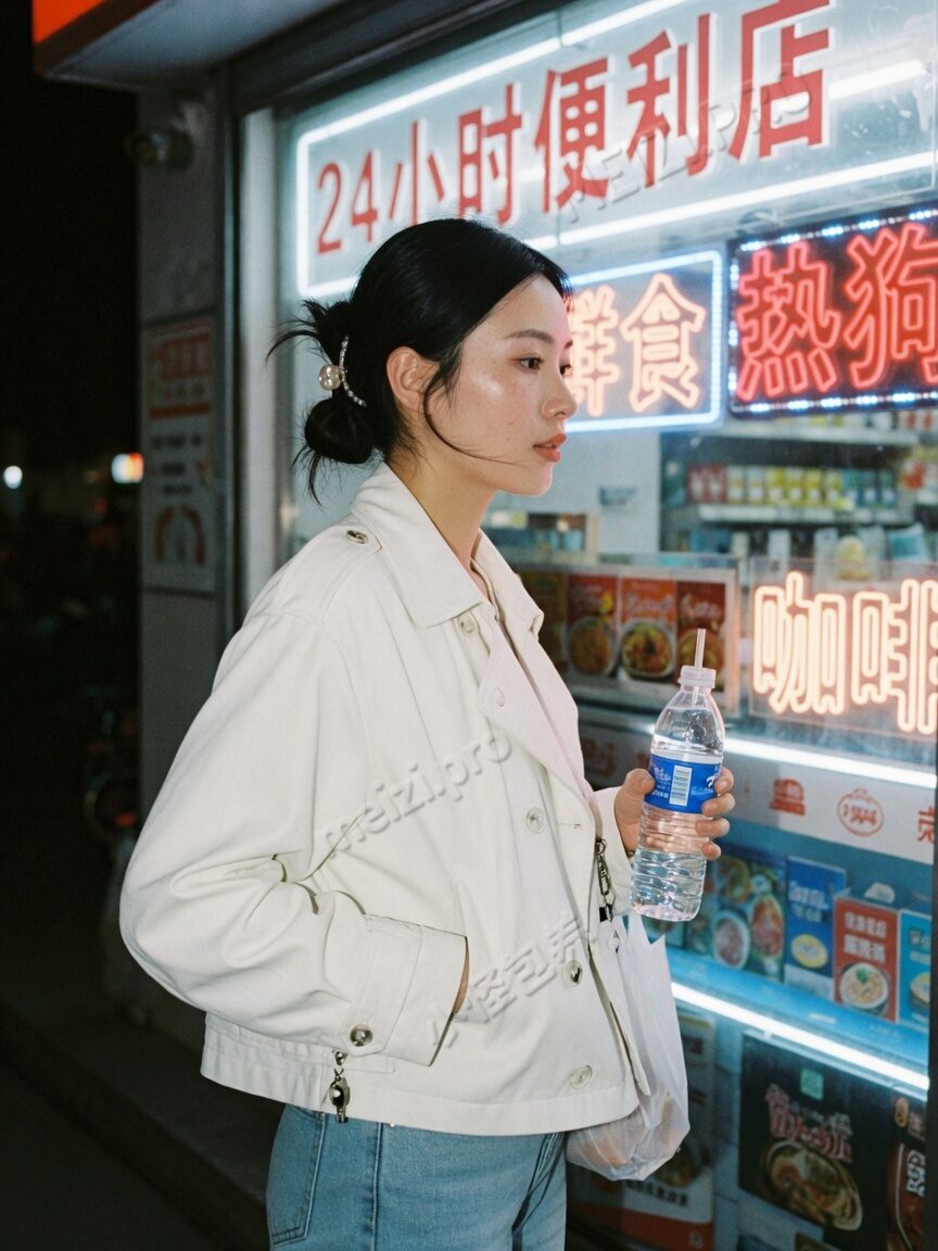 便利店灯箱前的侧脸
