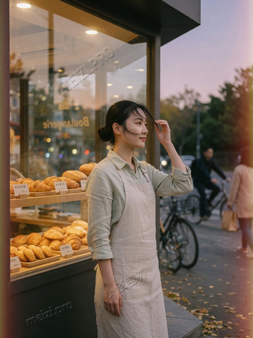 烘焙店门口,侧脸拨开发丝