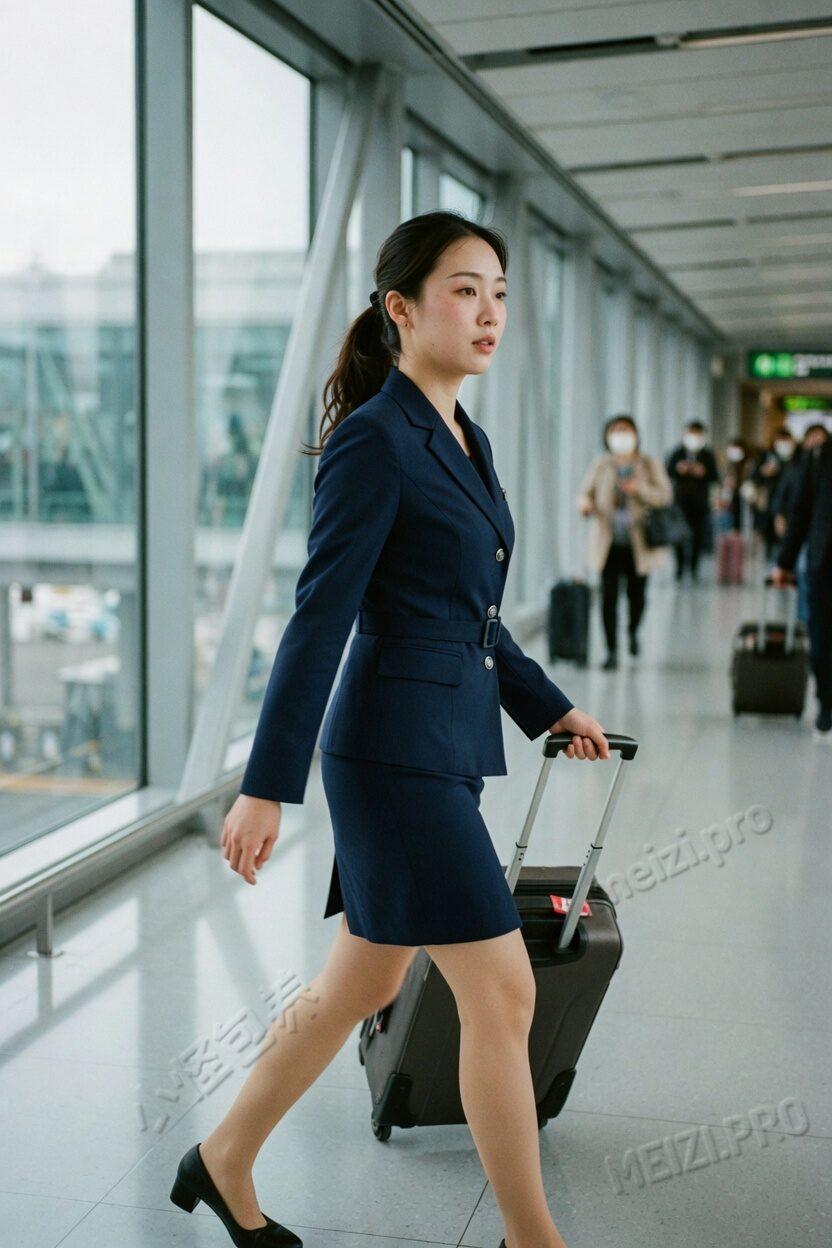雨后的连廊里,她自己拉着登机箱往前走
