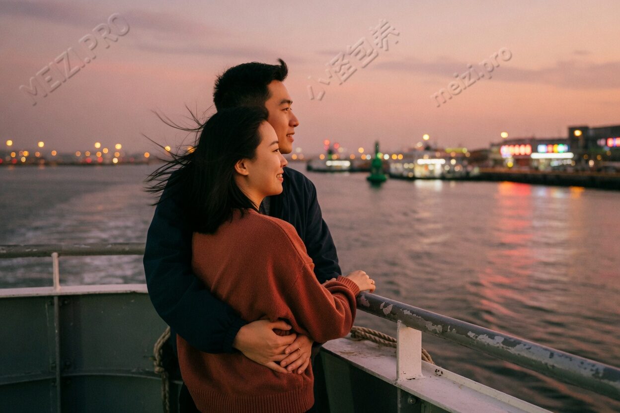 黄昏渡轮上,从背后抱住