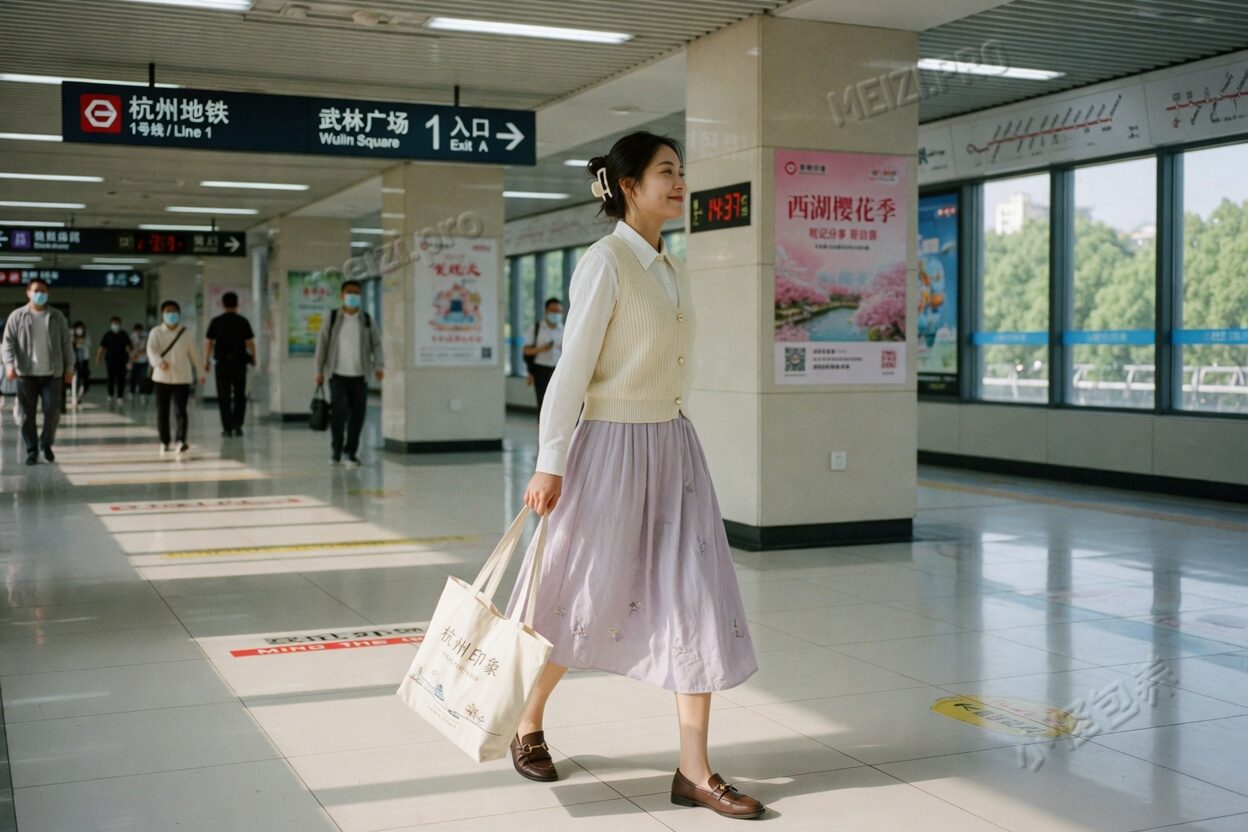 杭州地铁通道里走路，侧过脸