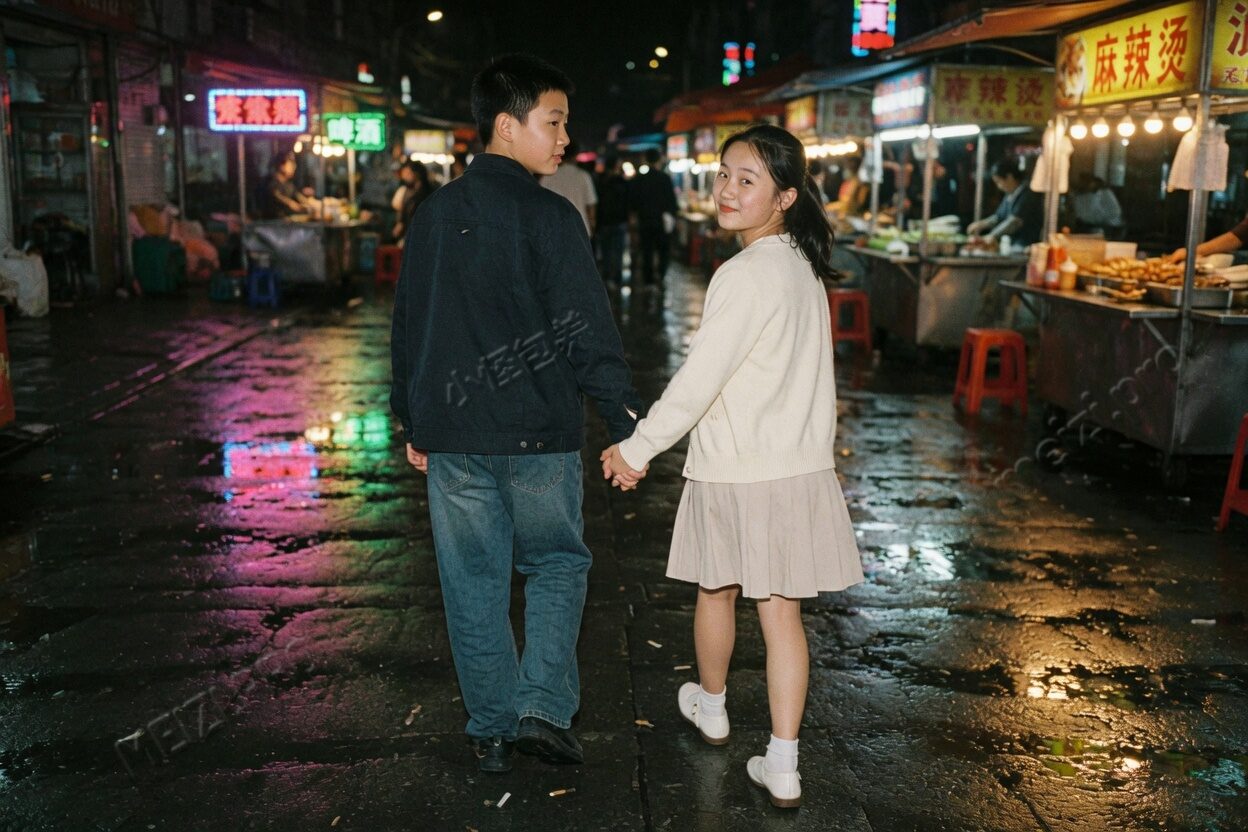 雨后夜市,两人牵手,她回头