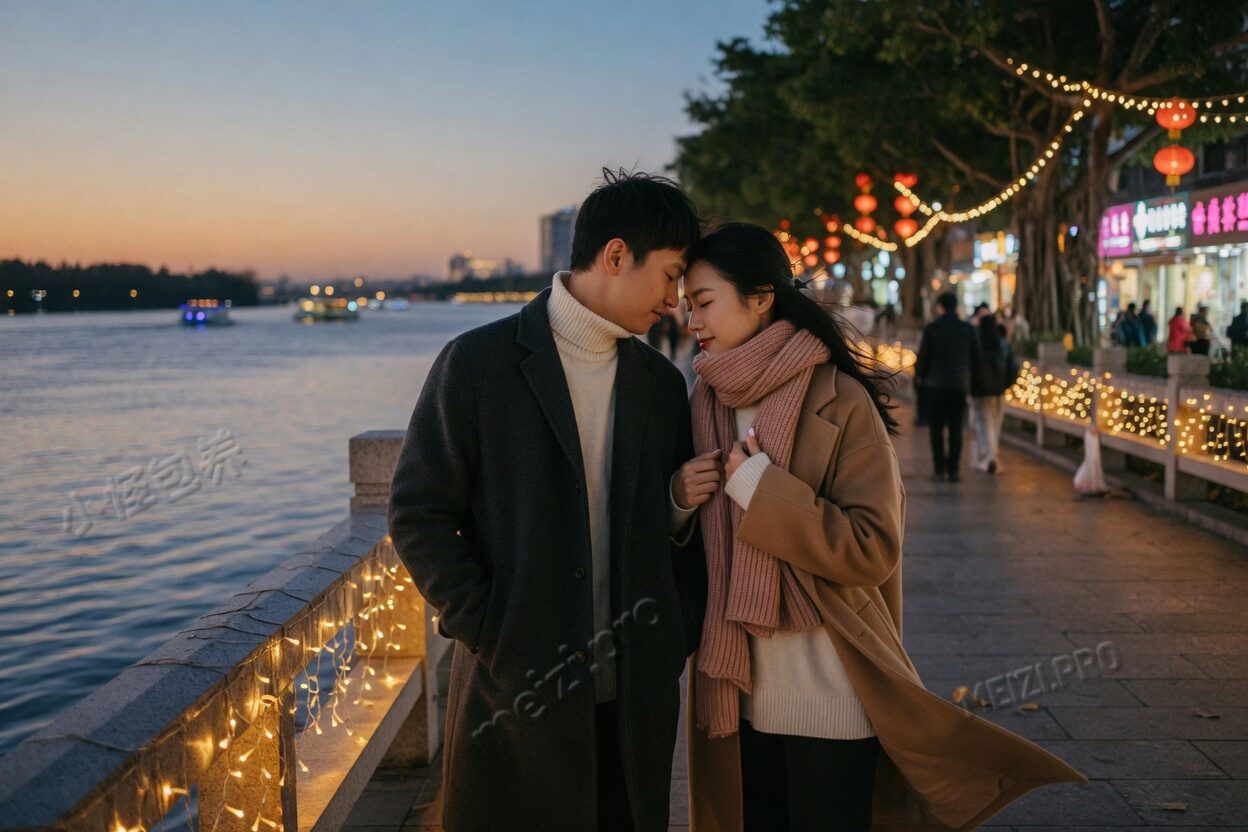 江边黄昏，两人额头相抵，她揪着他的衣领