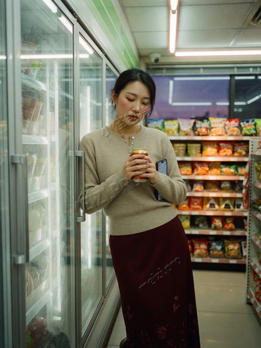 便利店灯下,她捧着热饮停住