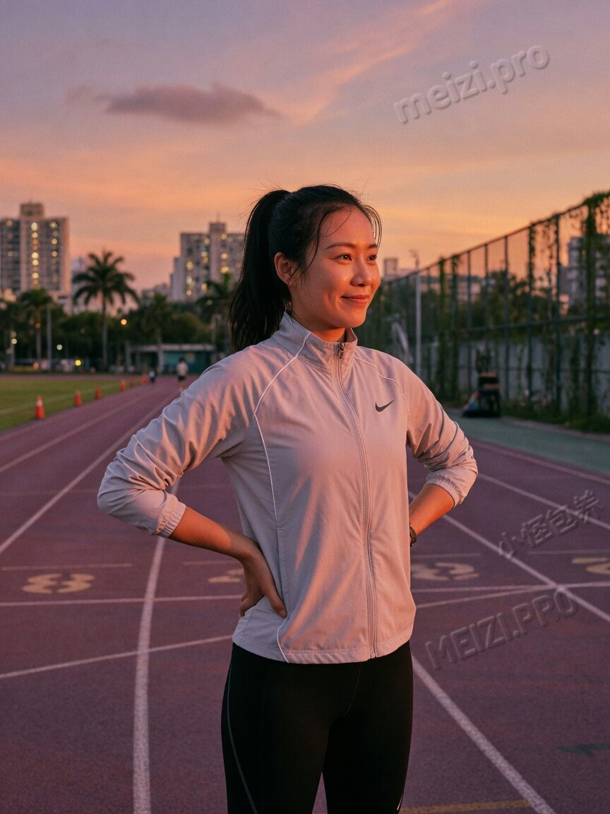 跑道黄昏里插腰站着的女生