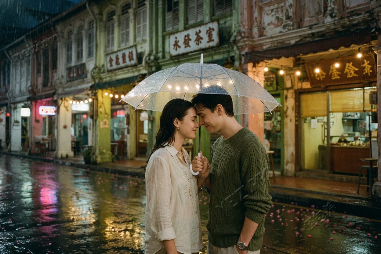 雨里共撑一把伞,额头靠在一起