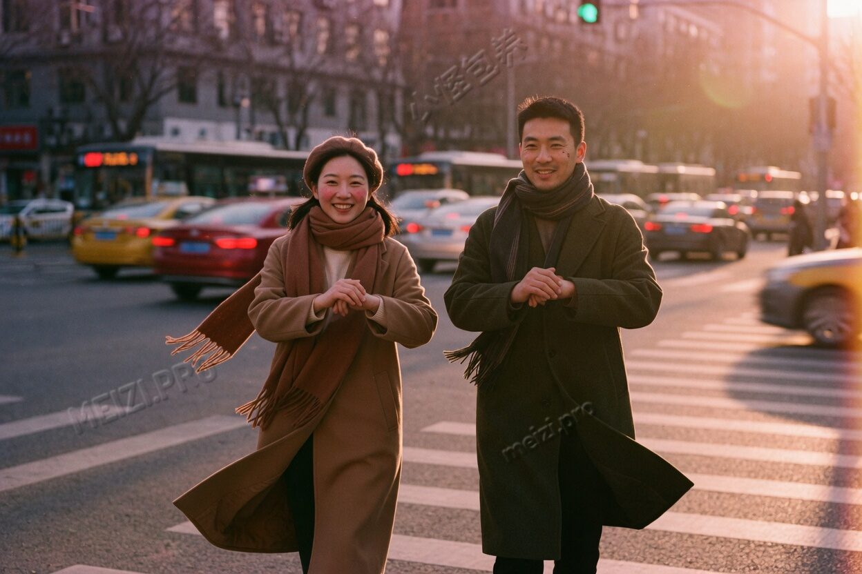 黄昏的人行横道上,两个人面对镜头牵手
