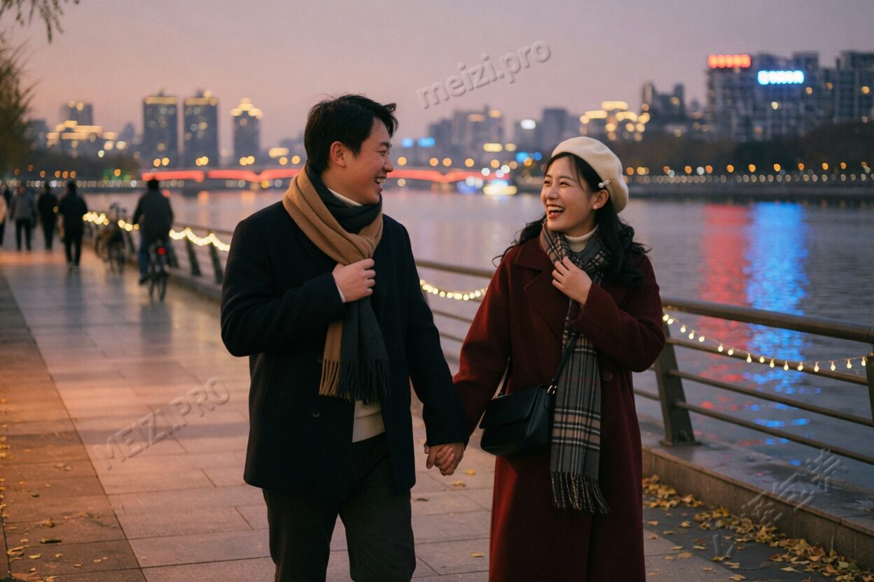 黄昏的江边,两人牵手对看